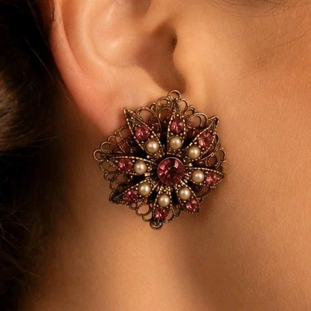 Vtg Czech 1930's 1940s Pink Rhinestone Faux Seed Pearl Filigree Flower Earrings